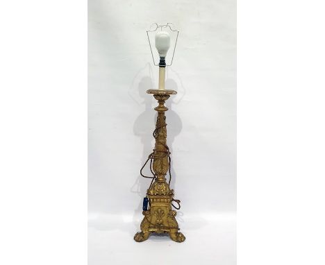 Italian-style altar-type candlestick with carved wood and gilt gesso finish, moulded top, turned and carved column with appli