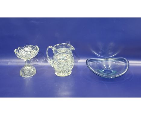 Sven Palmqvist for Orrefors glass bowl in light blue, a cut glass jug and a glass tazza 