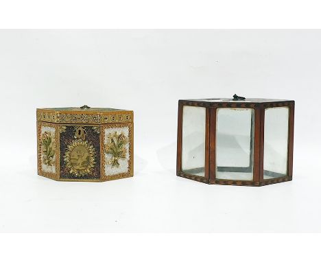 George III quilling decorated tea caddy&nbsp;of elongated hexagonal form, decorated with floral panels to the front and print
