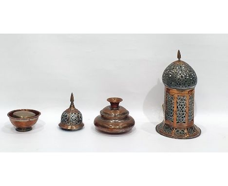 Indo-Persian copper and white metal hanging lantern with ogee top, allover scroll pierced, a similar squat circular copper an