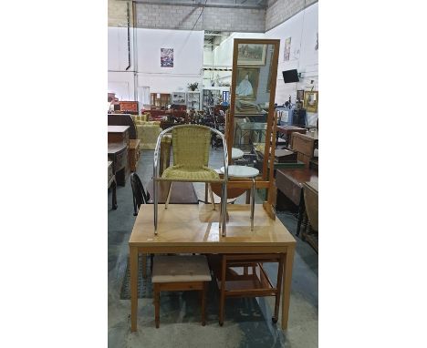 20th century oak rectangular dining table on tapering supports, a dressing table stool, a pine-framed cheval mirror, a wicker