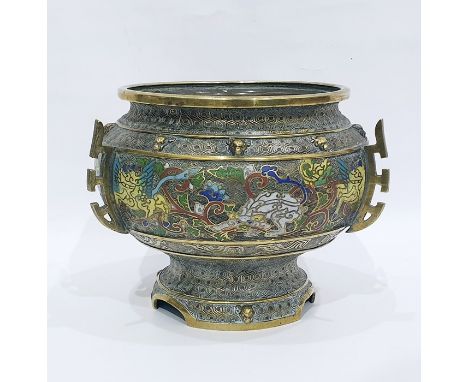 Chinese bronze and cloisonne enamel three-handled jardiniere, having band of dragons to the bulbous body, allover cast hexago