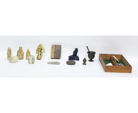 Assorted miscellaneous items to include glass paperweight, resin reproduction figures, miniature pestle and mortar, brass doo