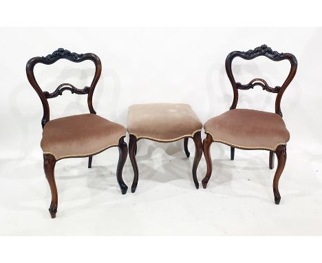 Pair of Victorian mahogany bedroom chairs with carved back rails, upholstered seats, on cabriole supports and a stool (3) 