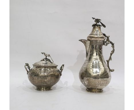 Eastern white metal baluster coffee pot, the domed lid with peacock finial and a similar two-handled and engraved sugar basin