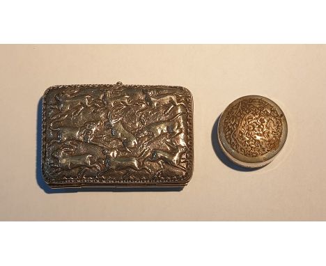 Indian/Burmese white metal cigarette case, rectangular and allover embossed with hunting animals and a lidded trinket pot (2)