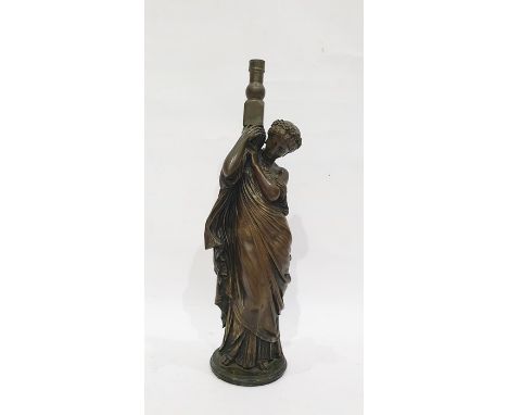 20th century bronze table lamp, the body modelled as lady classically robed carrying urn upon her shoulder, indistinctly sign