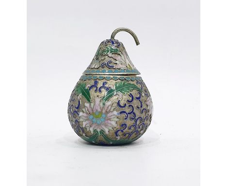 Chinese silver and cloisonne enamel lidded box in the form of a pear, allover flowerhead and foliage on a blue scroll and mat