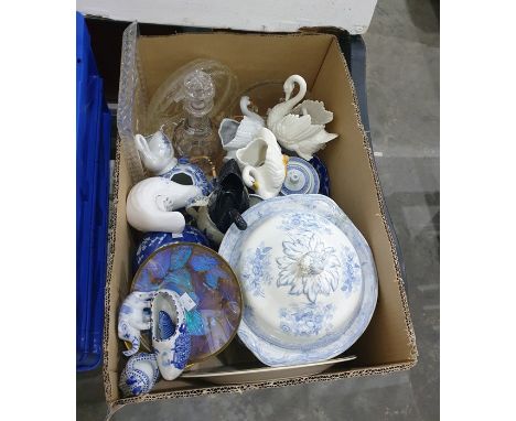 Assorted ceramics including swan vases, a blue and white flower planter, glassware, etc (1 box) 