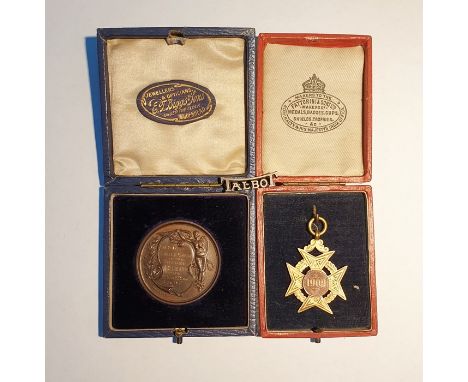 9ct gold swimming prize fob, approx 6.4g, a silver 'Talbot' brooch and a bronze medal for a two mile swim in the Thames in 19