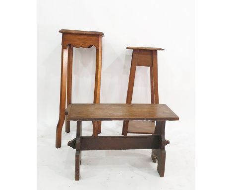 Two oak plant stands and a low oak bench (3) 