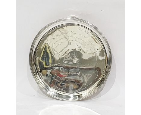 Silver salver by Israel Freeman & Son Ltd, London 1956, of plain circular form with reeded border, on three spade feet and wi
