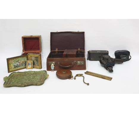 Rank Mamiya camera, a red lacquer single compartment tea caddy, a John Rabone & Sons, Birmingham, England leather-cased tape 