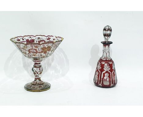 Glass pedestal sweetmeat bowl&nbsp;with allover ruby scrolling vine leaves and shaped gilt decorated borders and a ruby glass