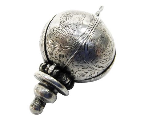 Silver pomander, circa 1600, unmarked, of globe form, the loop finial unscrewing to release six loculi, the exterior of each 