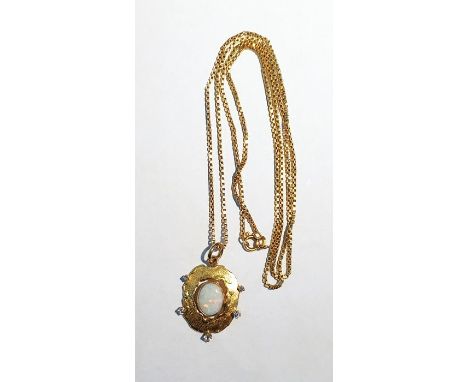 18K gold, opal and diamond pendant centred by single oval opal, the matt finish surround set five graduated diamonds and the 