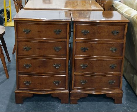 Pair reproduction figured walnut serpentine fronted chests of four drawers on bracket feet, 86cmCondition ReportWidth : 46cmD