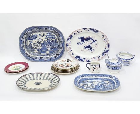 Large Victorian blue and white meat dish decorated in the 'Willow' pattern, a Burleighware blue and white sauce tureen, cover