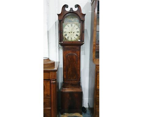 Early 19th century Scottish mahogany longcase clock, with broken swan neck pediment, the broken arch painted dial with figure