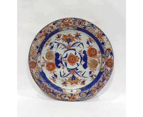 Chinese Imari porcelain charger with everted rim, allover chrysanthemums and other flowers, in iron red, gilt and blue, 39cm 