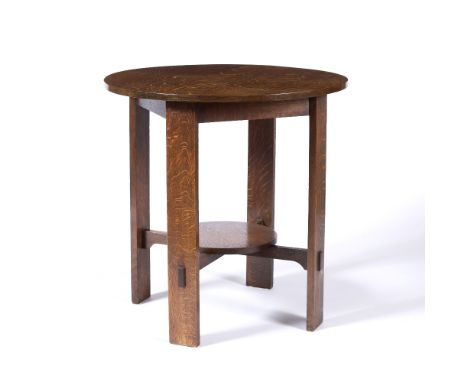 Stickley Brothers Arts & Crafts oak table, single shelf below upon braces, c1905, 75cm, 75cm high