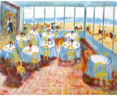 Carlos Nadal (Spanish, 1917-1998) Restaurant interior with view over beach, lithograph in colours, 113/150, signed lower righ
