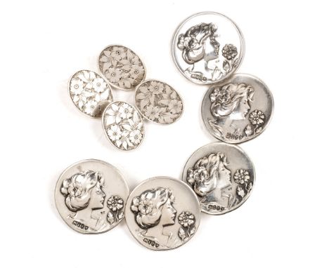 Art Nouveau Silver buttons, each decorated with a lady's profile and flower, stamped with an importer mark for Robert Friedri