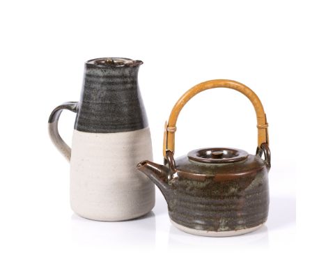 Colin Pearson (British, 1923-2007) Stoneware coffee pot, brown dipped glaze, and teapot with cane handle, c1960, each with im