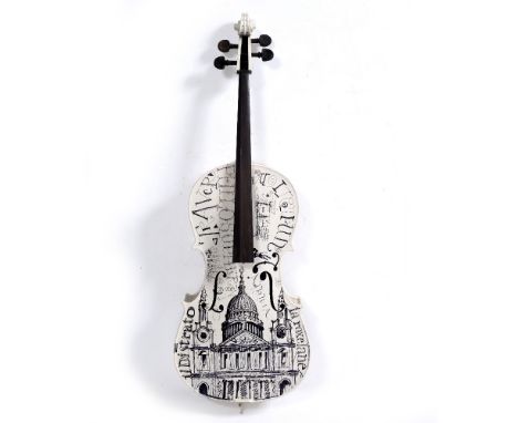 Richard Parker Crook (British, 1953) Painted cello, decorated with text and architectural study's, commissioned by the Chelte