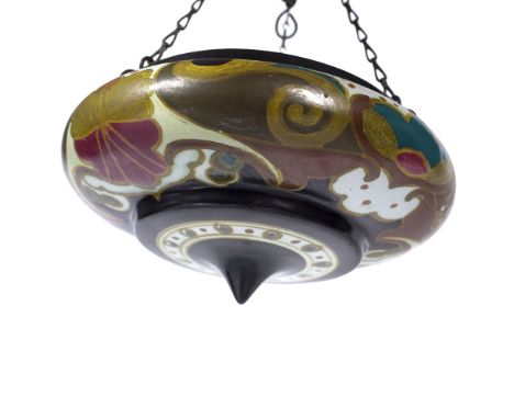 Gouda Art Pottery Hanging pot/planter, painted with a bold naturalistic design, c1920s, Arnhem, 20cm across