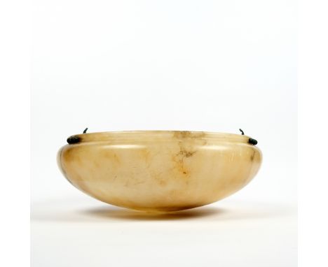 Alabaster lamp shade Bowl-form finished with metal moulded fittings, 40cm across