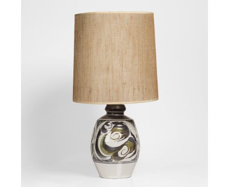 Edgar Campden for Aldermaston pottery Lamp base, painted with abstract patterns on a white ground, base 36cm high