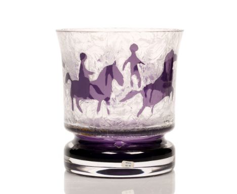 Ove Sandberg for Kosta Cameo table lamp, purple and frosted glass, decorated with horses, etched Kosta 11020 Sandberg, 15cm h