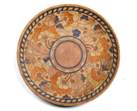 Charlotte Rhead for Crown Ducal Charger, decorated with tubelined foliate patterns, factory stamp and potters signature to ba
