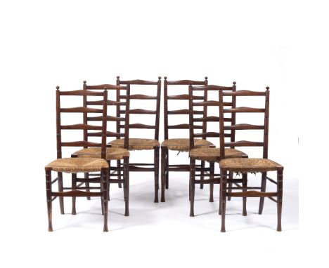In the manner of William Morris Set of six chairs, with ladder backs, turned supports and rush seats, circa late 19th Century