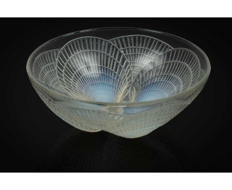 A René Lalique coquille opalescent bowl, the pattern featuring interlocking shells, stamped R Lalique, 23.5cm diameterA few s