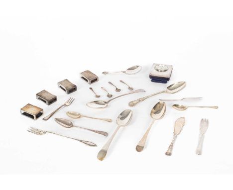 A Kitney and Co. silver mounted clock, 6.5cm x 5cm, four silver matchbox or vesta cases and various silver teaspoons and flat