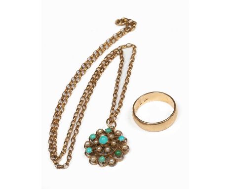 A 9ct gold chain with gold circular pendant set with turquoise and seed pearl stones and a 9ct gold wedding ring, size S, 12g