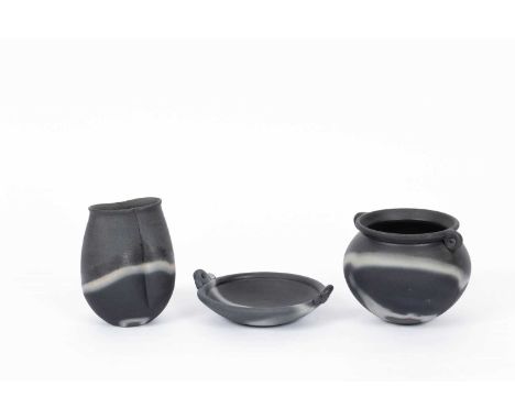 ARR John Leach (1939-2021) for Muchelney Pottery a pottery stoneware 'Black Mood' twin handled bowl vase, 12.5cm high and two