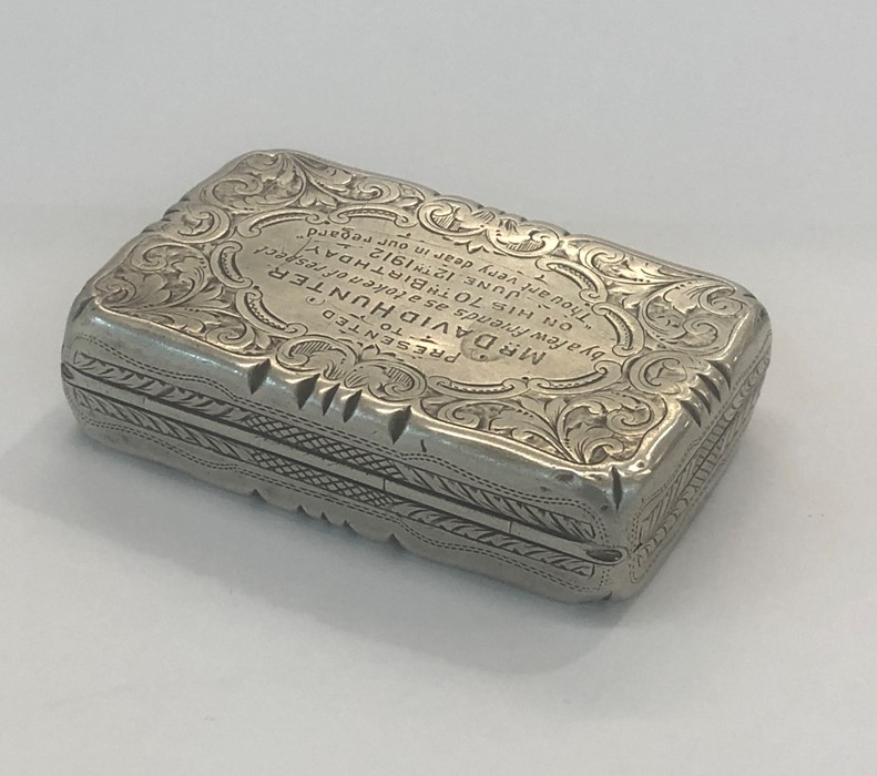 Silver snuff box Chester silver hallmarks engraved lid measures approx ...