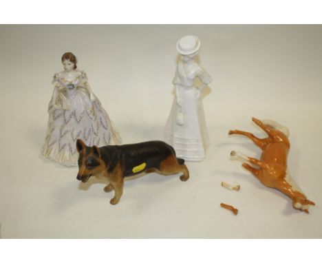 A LIMITED EDITION ROYAL WORCESTER FIGURE LAST WALTZ TOGETHER WITH A SPODE FIGURE, AYNSLEY ALSATION AND A BESWICK HORSE A/F