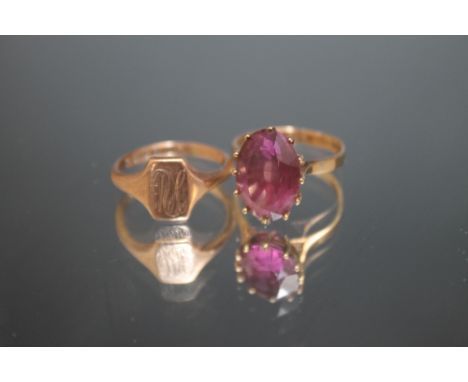 A HALLMARKED 9 CARAT GOLD AMETHYST RING, approx weight 2.8g, ring size K 1/2 together with a hallmarked 9 carat gold ring, ap
