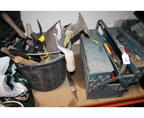 A TOOLBOX PLUS CONTENTS TOGETHER WITH A BUCKET OF HAND TOOLS
