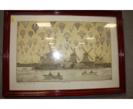 A FRAMED AND GLAZED PRINT ENTITLED SUNDAY BOATING BY MICHAEL OELMAN 733/850