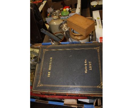 TWO TRAYS OF ASSORTED COLLECTABLES TO INCLUDE SILVER PLATED WARE, OIL LAMP, CLOCKS, ANTIQUE SHEET MUSIC BY CHARLES B COX ETC