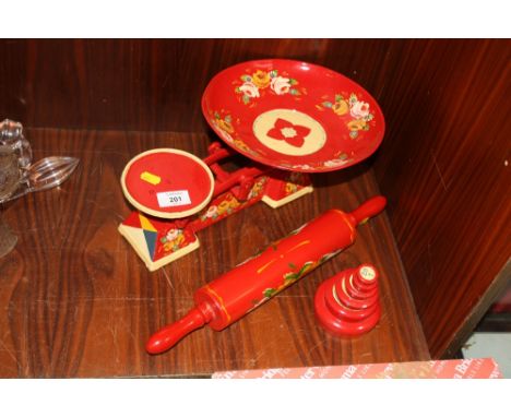 A BARGEWARE STYLE PAINTED SET OF SCALES AND WEIGHTS&nbsp;PLUS A ROLLING PIN