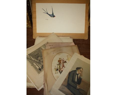 A COLLECTION OF UNFRAMED ENGRAVINGS, WATERCOLOURS, SWIFTS BY J M LEGGE ETC