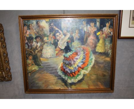 A FRAMED AND GLAZED PRINT DEPICTING A FLAMENCO DANCER 