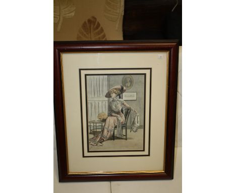 A FRAMED AND GLAZED COLOURED PRINT OF A SEATED LADY