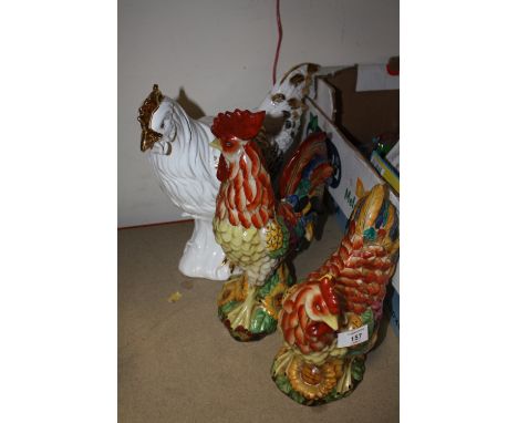 THREE CERAMIC COCKREL AND CHICKEN FIGURES